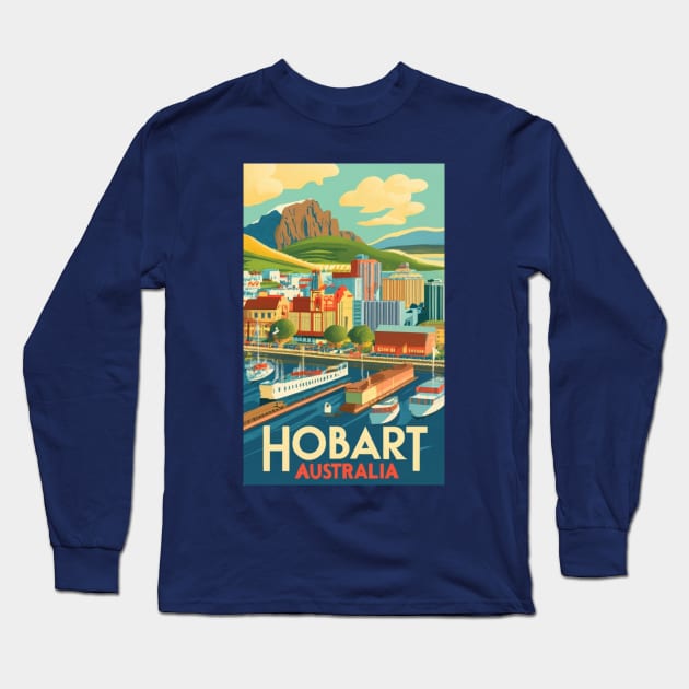 A Vintage Travel Art of Hobart - Australia Long Sleeve T-Shirt by goodoldvintage